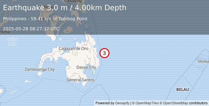 Earthquake MINDANAO, PHILIPPINES (3.0 m) (2025-05-28 08:27:37 UTC)