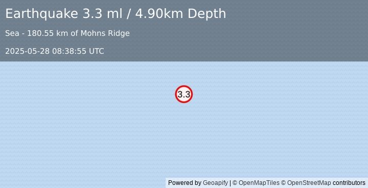 Earthquake GREENLAND SEA (3.3 ml) (2025-05-28 08:38:55 UTC)