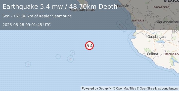 Earthquake REVILLA GIGEDO ISLANDS REGION (5.4 mw) (2025-05-28 09:01:45 UTC)