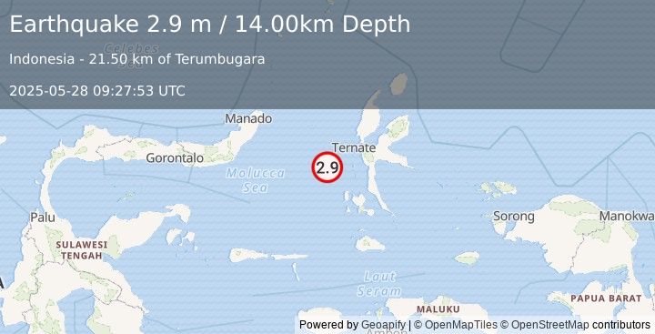Earthquake MOLUCCA SEA (2.9 m) (2025-05-28 09:27:53 UTC)
