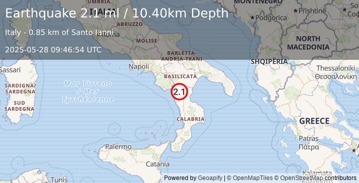 Earthquake SOUTHERN ITALY (2.1 ml) (2025-05-28 09:46:54 UTC)