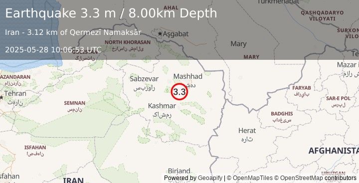 Earthquake NORTHEASTERN IRAN (3.3 m) (2025-05-28 10:06:53 UTC)
