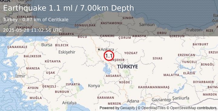 Earthquake CENTRAL TURKEY (1.1 ml) (2025-05-28 11:02:56 UTC)
