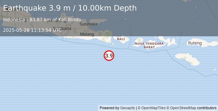 Earthquake SOUTH OF BALI, INDONESIA (3.9 m) (2025-05-28 11:13:54 UTC)