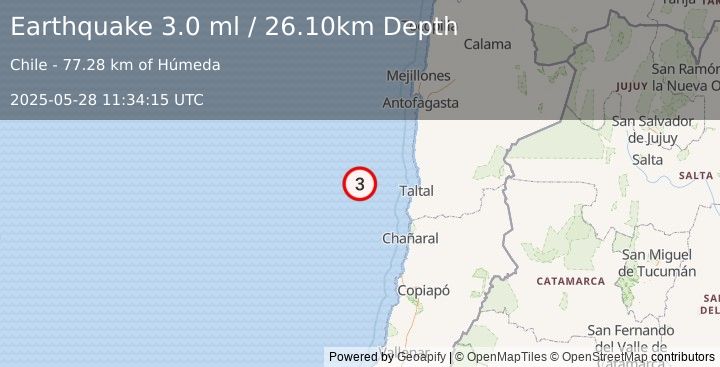 Earthquake OFF COAST OF ANTOFAGASTA, CHILE (3.0 ml) (2025-05-28 11:34:15 UTC)