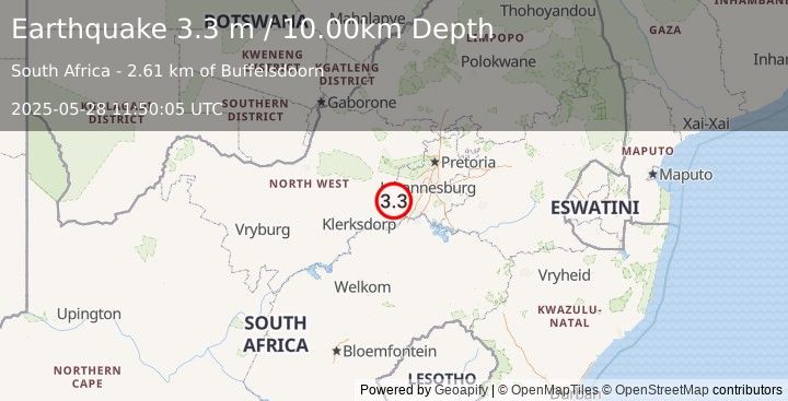 Earthquake SOUTH AFRICA (3.3 m) (2025-05-28 11:50:05 UTC)