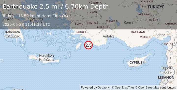 Earthquake DODECANESE IS.-TURKEY BORDER REG (2.5 ml) (2025-05-28 11:41:33 UTC)