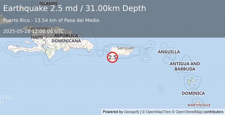 Earthquake PUERTO RICO REGION (2.5 md) (2025-05-28 12:00:06 UTC)