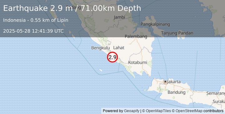 Earthquake SOUTHERN SUMATRA, INDONESIA (2.9 m) (2025-05-28 12:41:39 UTC)