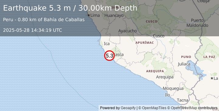 Earthquake NEAR COAST OF CENTRAL PERU (5.1 mw) (2025-05-28 14:34:19 UTC)