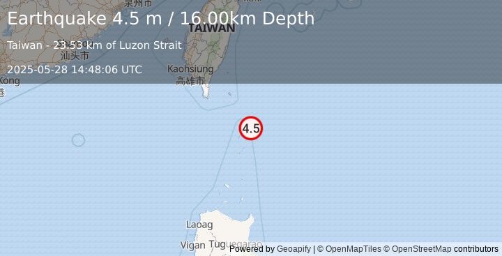 Earthquake TAIWAN REGION (4.9 mb) (2025-05-28 14:48:07 UTC)