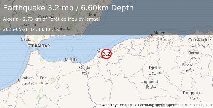 Earthquake NORTHERN ALGERIA (3.2 mb) (2025-05-28 14:38:30 UTC)