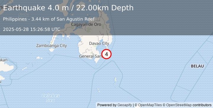 Earthquake MINDANAO, PHILIPPINES (4.0 m) (2025-05-28 15:26:58 UTC)