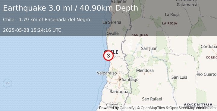 Earthquake COQUIMBO, CHILE (3.0 ml) (2025-05-28 15:24:16 UTC)