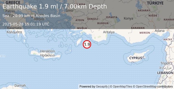 Earthquake EASTERN MEDITERRANEAN SEA (1.9 ml) (2025-05-28 15:01:19 UTC)