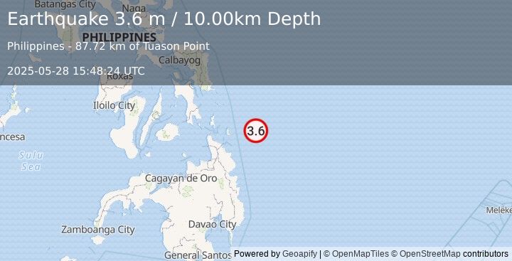 Earthquake MINDANAO, PHILIPPINES (3.6 m) (2025-05-28 15:48:24 UTC)