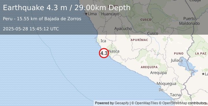 Earthquake NEAR COAST OF CENTRAL PERU (4.3 m) (2025-05-28 15:45:12 UTC)