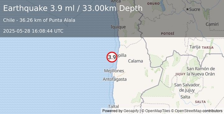 Earthquake OFFSHORE ANTOFAGASTA, CHILE (3.9 ml) (2025-05-28 16:08:45 UTC)