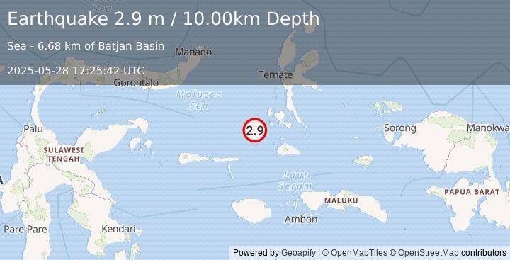 Earthquake MOLUCCA SEA (2.9 m) (2025-05-28 17:25:42 UTC)
