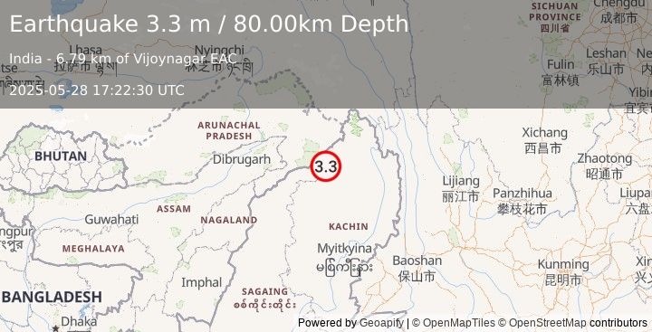 Earthquake MYANMAR-INDIA BORDER REGION (3.3 m) (2025-05-28 17:22:30 UTC)