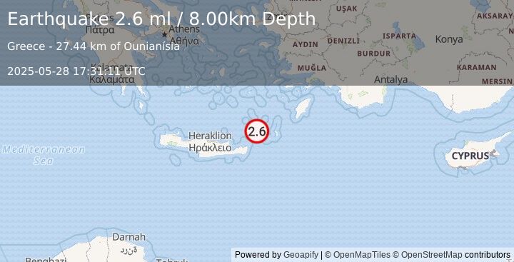 Earthquake CRETE, GREECE (2.6 ml) (2025-05-28 17:31:11 UTC)