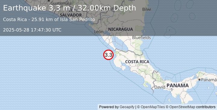 Earthquake OFF COAST OF COSTA RICA (3.3 m) (2025-05-28 17:47:30 UTC)