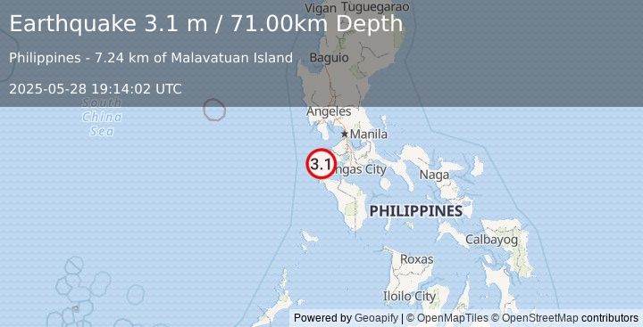 Earthquake MINDORO, PHILIPPINES (3.1 m) (2025-05-28 19:14:02 UTC)
