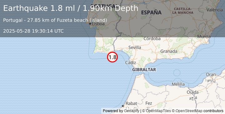 Earthquake STRAIT OF GIBRALTAR (1.8 ml) (2025-05-28 19:30:14 UTC)