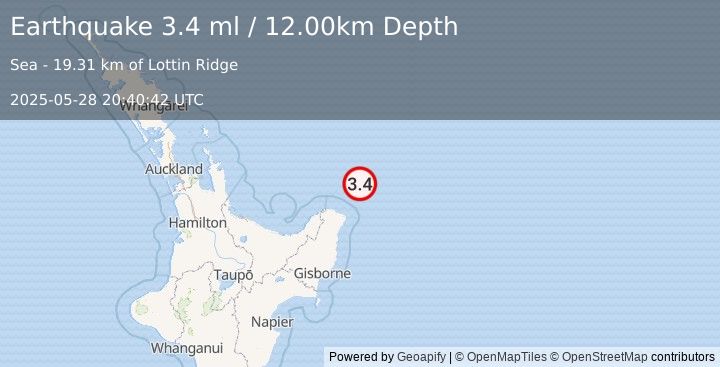 Earthquake OFF E. COAST OF N. ISLAND, N.Z. (3.4 ml) (2025-05-28 20:40:42 UTC)