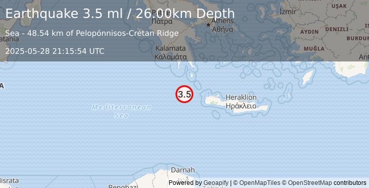 Earthquake CENTRAL MEDITERRANEAN SEA (3.5 ml) (2025-05-28 21:15:54 UTC)