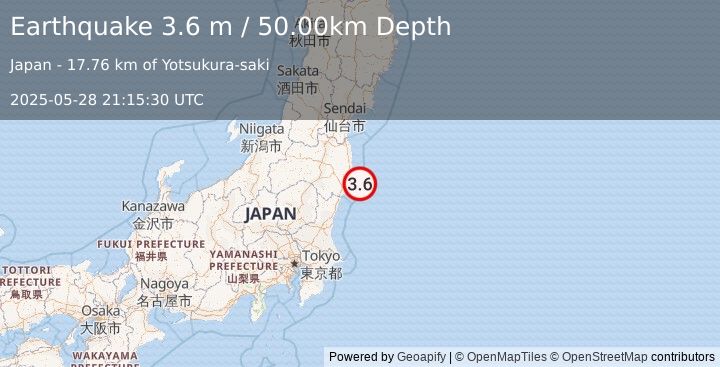 Earthquake NEAR EAST COAST OF HONSHU, JAPAN (3.6 m) (2025-05-28 21:15:30 UTC)