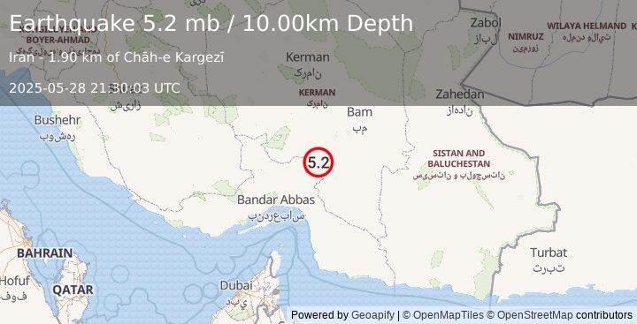 Earthquake SOUTHERN IRAN (5.2 mb) (2025-05-28 21:30:02 UTC)