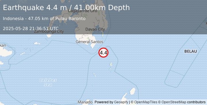 Earthquake MINDANAO, PHILIPPINES (4.4 m) (2025-05-28 21:36:51 UTC)