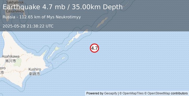 Earthquake KURIL ISLANDS (4.7 mb) (2025-05-28 21:38:22 UTC)