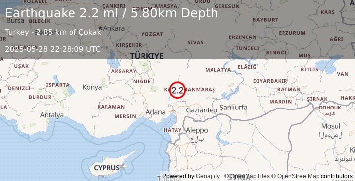 Earthquake CENTRAL TURKEY (2.2 ml) (2025-05-28 22:28:09 UTC)