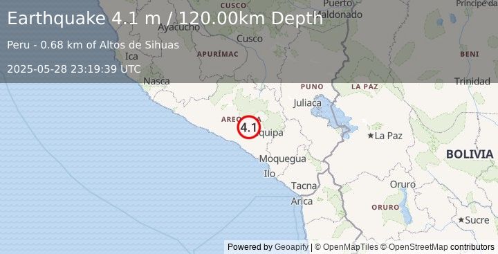 Earthquake NEAR COAST OF SOUTHERN PERU (4.1 m) (2025-05-28 23:19:39 UTC)