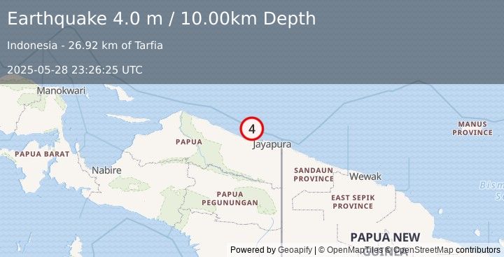 Earthquake NEAR N COAST OF PAPUA, INDONESIA (4.0 m) (2025-05-28 23:26:25 UTC)