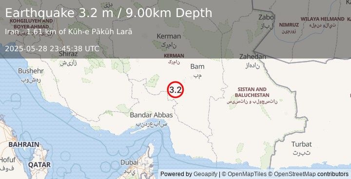 Earthquake SOUTHERN IRAN (3.2 m) (2025-05-28 23:45:38 UTC)