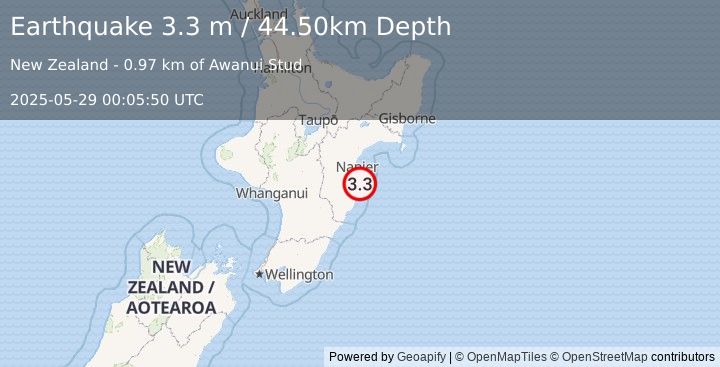 Earthquake NORTH ISLAND OF NEW ZEALAND (3.3 m) (2025-05-29 00:05:50 UTC)