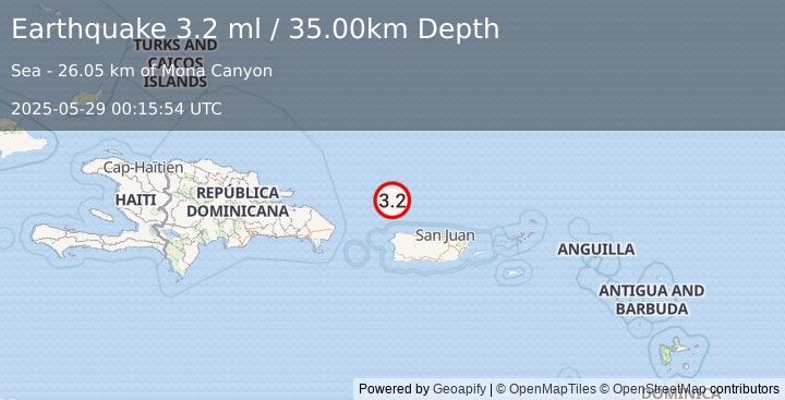 Earthquake PUERTO RICO REGION (3.2 ml) (2025-05-29 00:15:54 UTC)