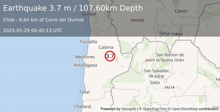 Earthquake ANTOFAGASTA, CHILE (3.7 ml) (2025-05-29 00:40:14 UTC)