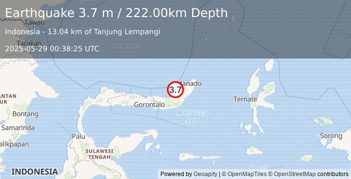 Earthquake MINAHASA, SULAWESI, INDONESIA (3.7 m) (2025-05-29 00:38:25 UTC)