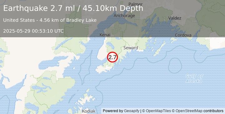 Earthquake KENAI PENINSULA, ALASKA (2.7 ml) (2025-05-29 00:53:10 UTC)