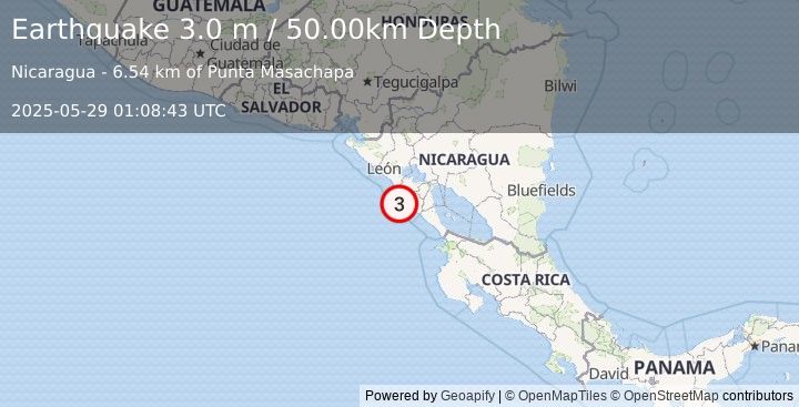 Earthquake NEAR COAST OF NICARAGUA (3.0 m) (2025-05-29 01:08:43 UTC)
