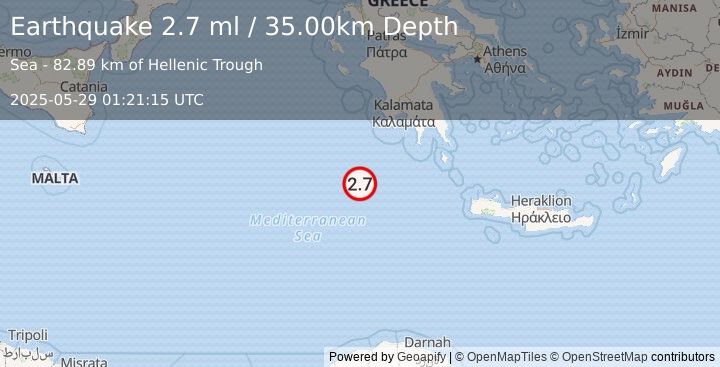 Earthquake CENTRAL MEDITERRANEAN SEA (2.6 ml) (2025-05-29 01:21:14 UTC)