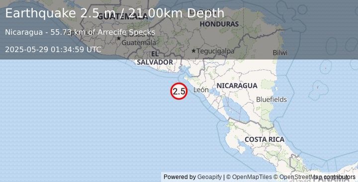 Earthquake NEAR COAST OF NICARAGUA (2.5 m) (2025-05-29 01:34:59 UTC)