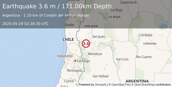 Earthquake SAN JUAN, ARGENTINA (3.6 m) (2025-05-29 02:28:30 UTC)