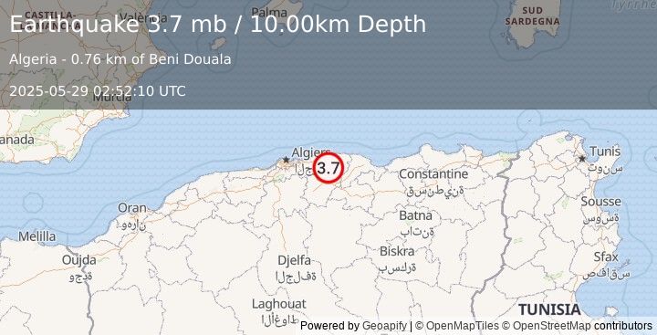 Earthquake NORTHERN ALGERIA (3.3 mb) (2025-05-29 02:52:08 UTC)