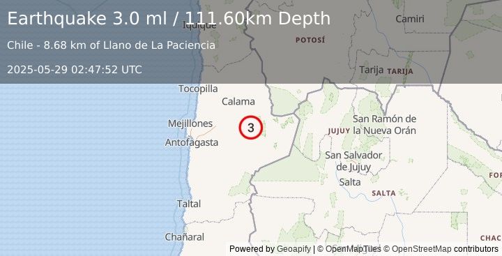Earthquake ANTOFAGASTA, CHILE (3.0 ml) (2025-05-29 02:47:52 UTC)