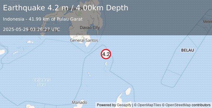Earthquake MINDANAO, PHILIPPINES (4.5 mb) (2025-05-29 03:26:31 UTC)